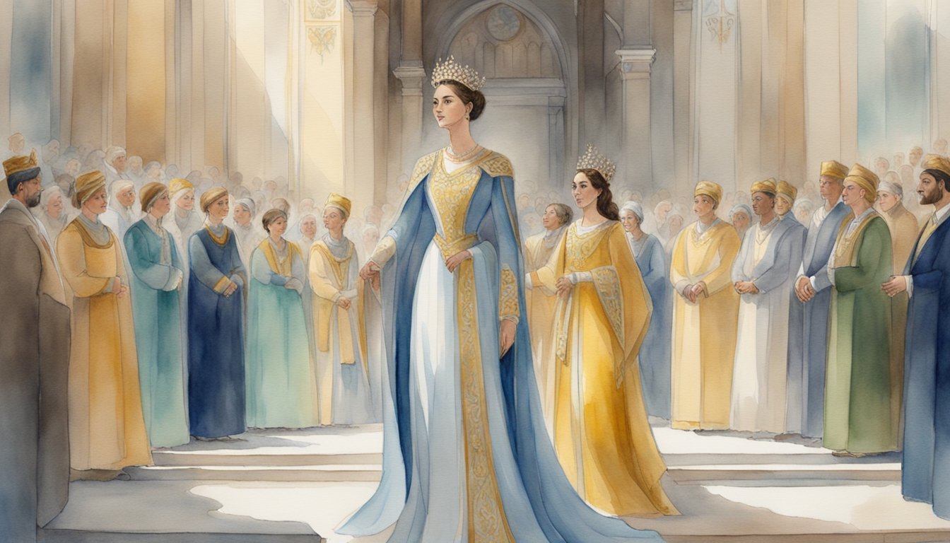 A regal woman stands before her court, exuding power and grace as she commands the attention of her subjects