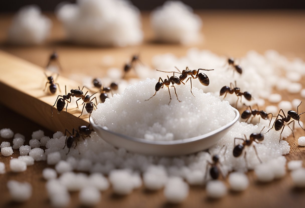 A kitchen counter with a trail of sugar ants leading to a pile of spilled sugar. A few ants are carrying sugar granules back to their nest