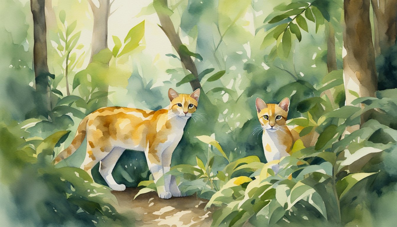 Small wild cats roam through dense foliage in a lush forest, their sleek bodies blending into the dappled sunlight filtering through the trees