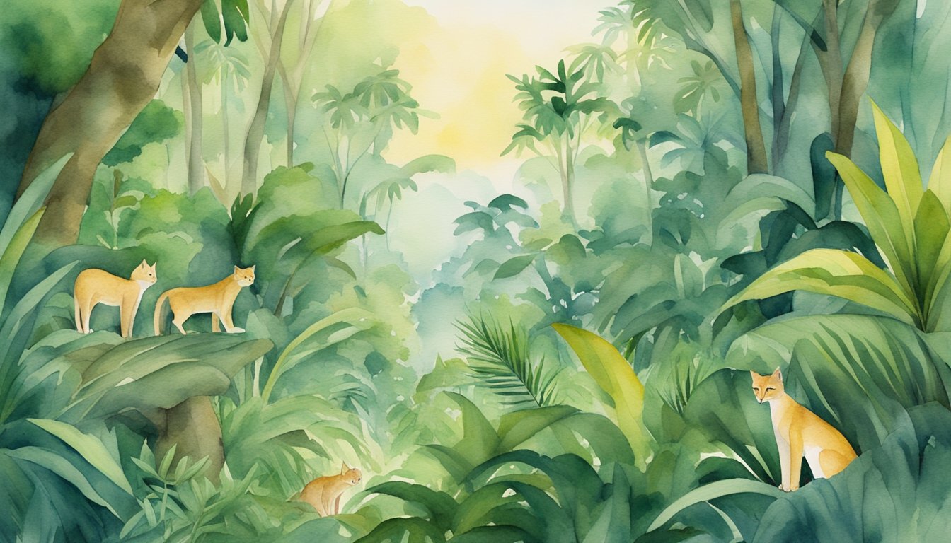 Lush jungle with small wild cats in various habitats, climbing trees, hunting prey, and resting in dense foliage