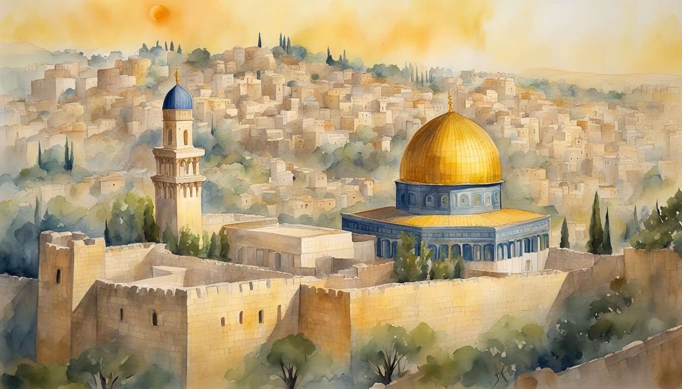 The Temple in Jerusalem stands tall, surrounded by ancient walls and adorned with intricate carvings and decorations.</p><p>The sun casts a warm glow on its golden exterior, creating a sense of awe and reverence