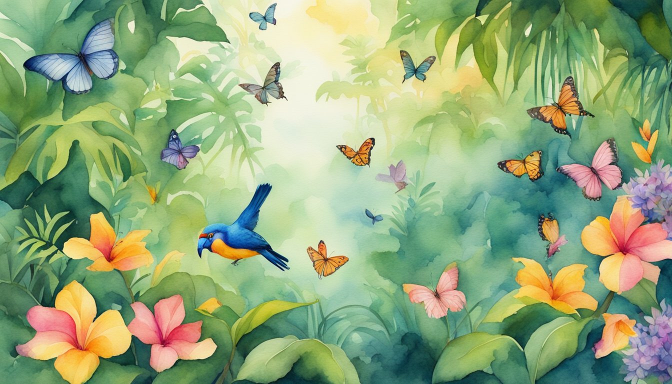 Lush jungle with colorful birds, monkeys swinging from vines, and vibrant butterflies fluttering around exotic flowers