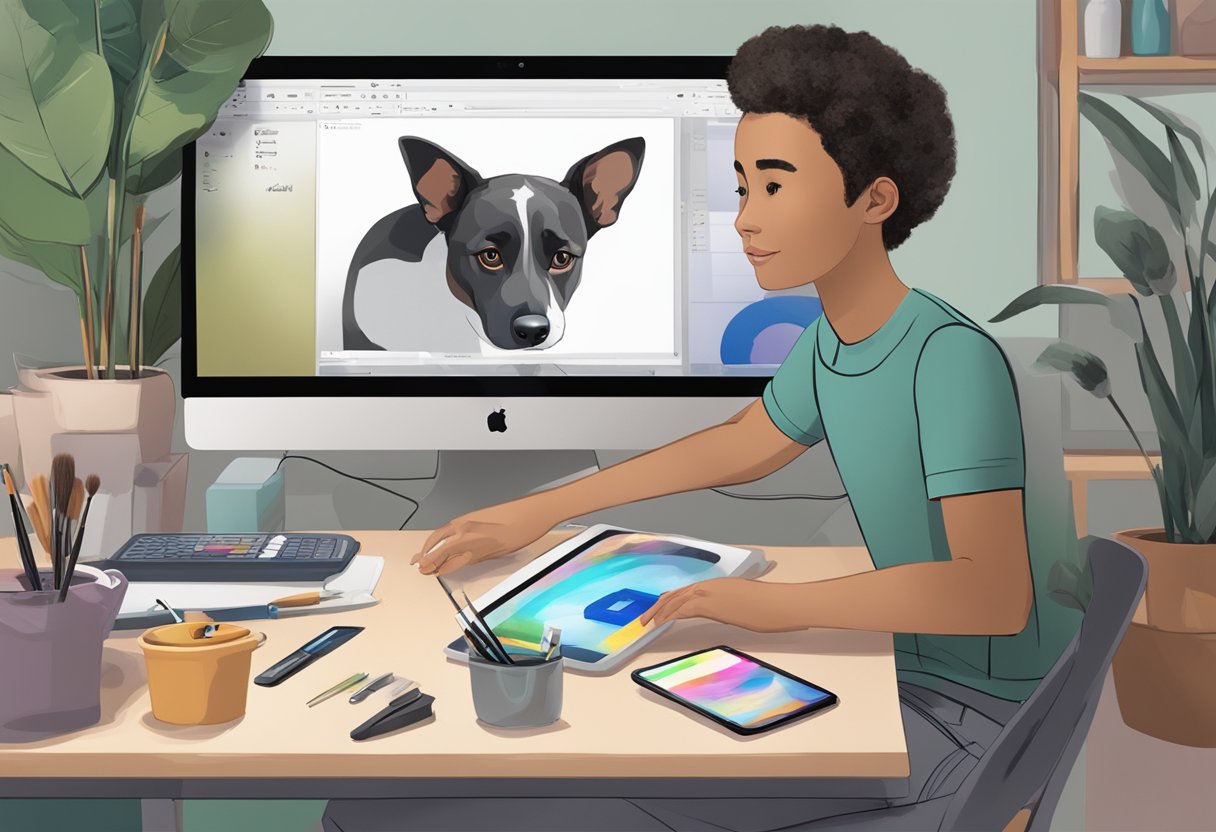 A person using a computer to create a pet portrait with AI, with a photo of the pet displayed on the screen and various digital tools and brushes being used to manipulate the image