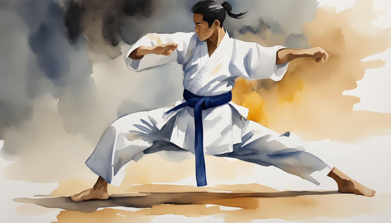 A karateka executes a powerful roundhouse kick, demonstrating perfect form and precision in their technique.</p><p>The focus, balance, and strength of the martial artist are evident in the movement