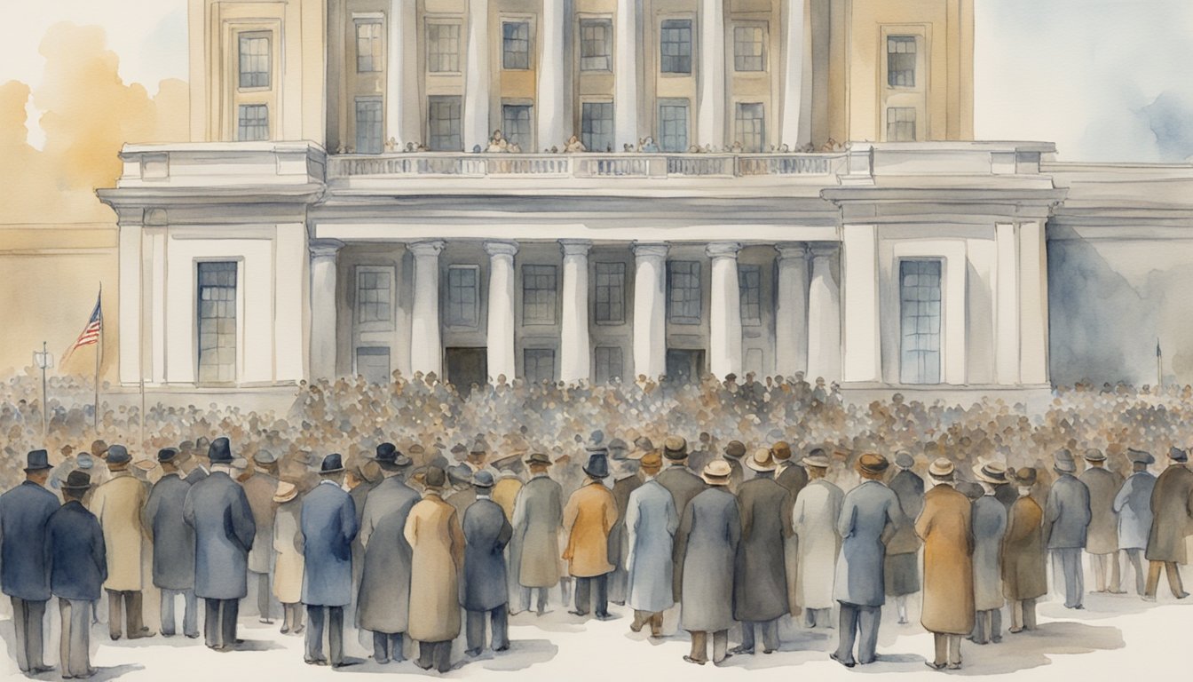 A crowd gathers outside a government building.</p><p>A sign reads "Immigration Act of 1924." People are turned away at the entrance