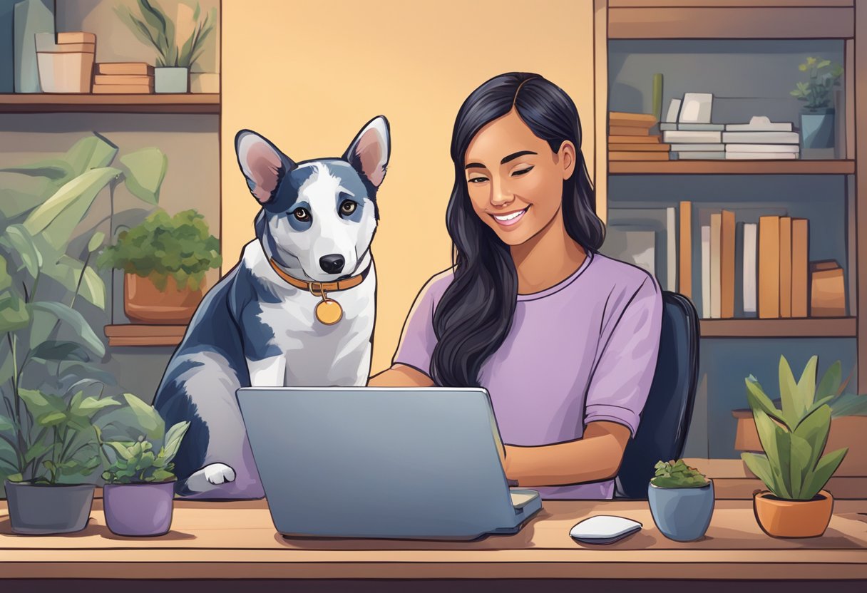 A person submitting a photo of their pet online. AI software creating a custom portrait. Customer service assisting with any questions or concerns