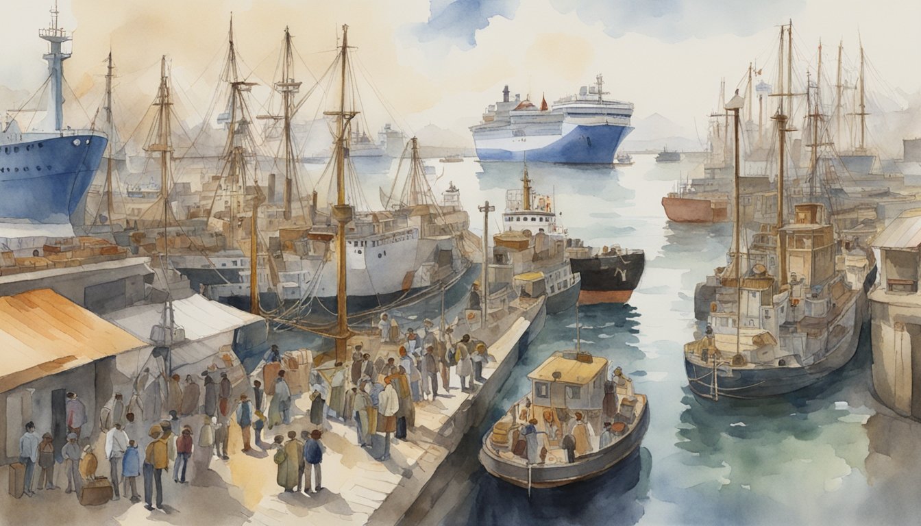 A crowded port with diverse ships arriving, some turned away.</p><p>Signs read "No Entry" and "Restricted Immigration." Officials check documents