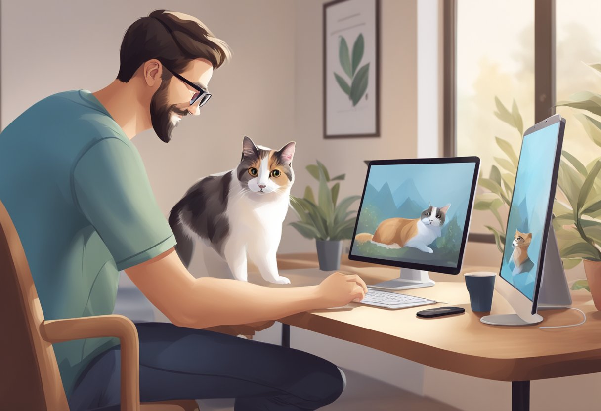 A pet portrait being created with AI, with a computer and tablet in the foreground, and a happy pet sitting or standing nearby