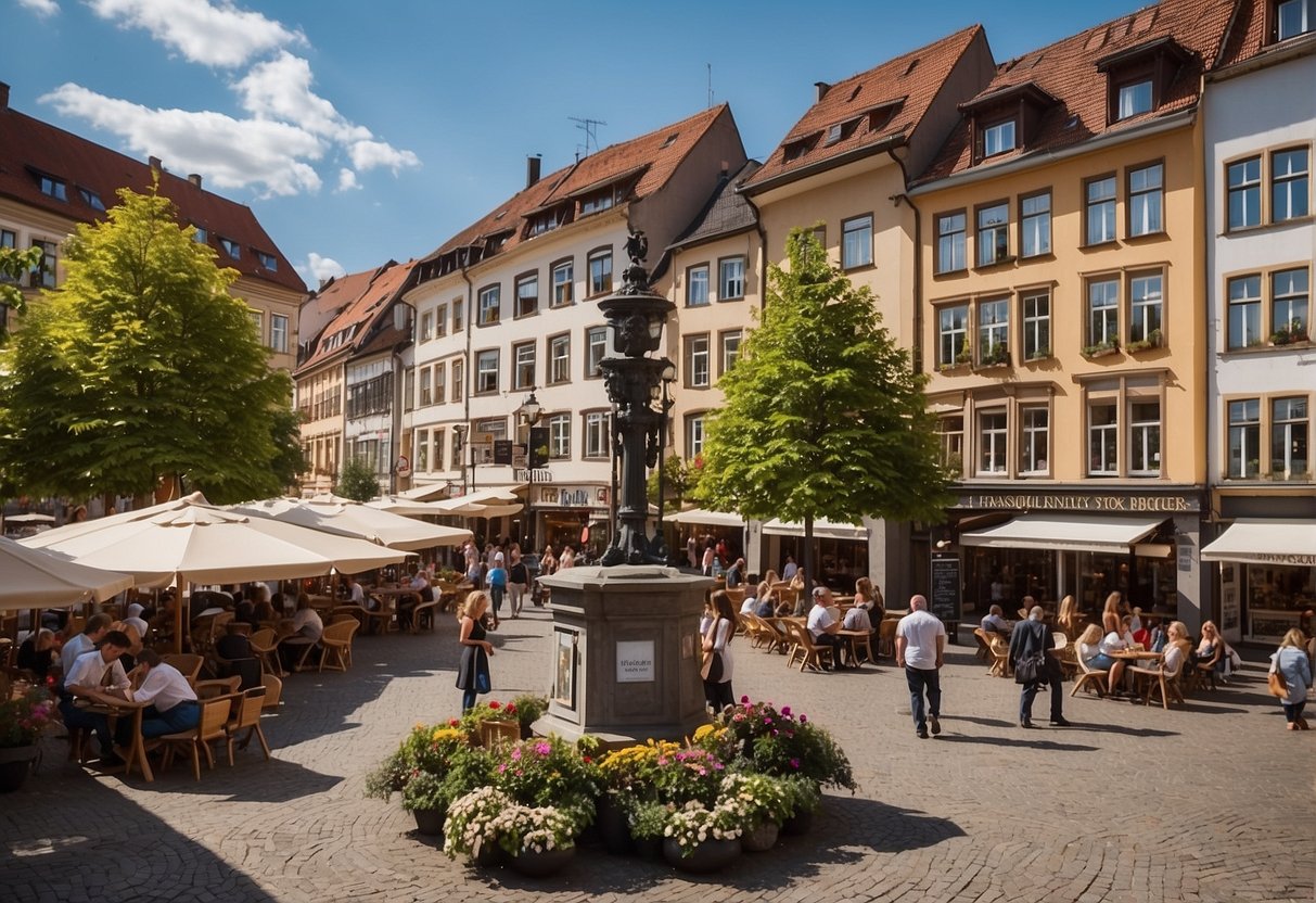 A bustling town square with a prominent sign reading "Frequently Asked Questions: Things to do in Pirmasens, Germany." Surrounding the sign are various landmarks, parks, and cultural attractions, with people milling about and engaging in various activities
