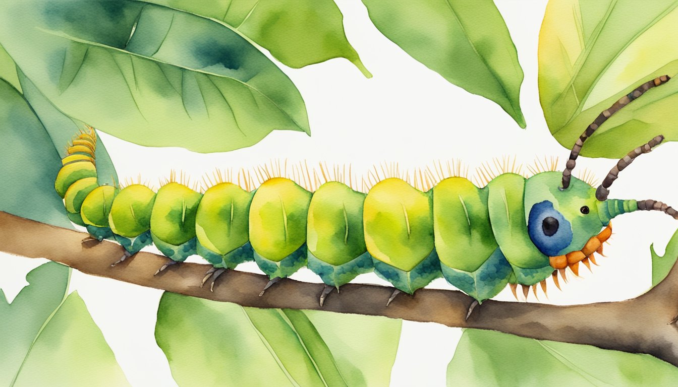 A vibrant asp caterpillar crawls along a leafy branch, munching on green leaves with its spiky body and vibrant colors