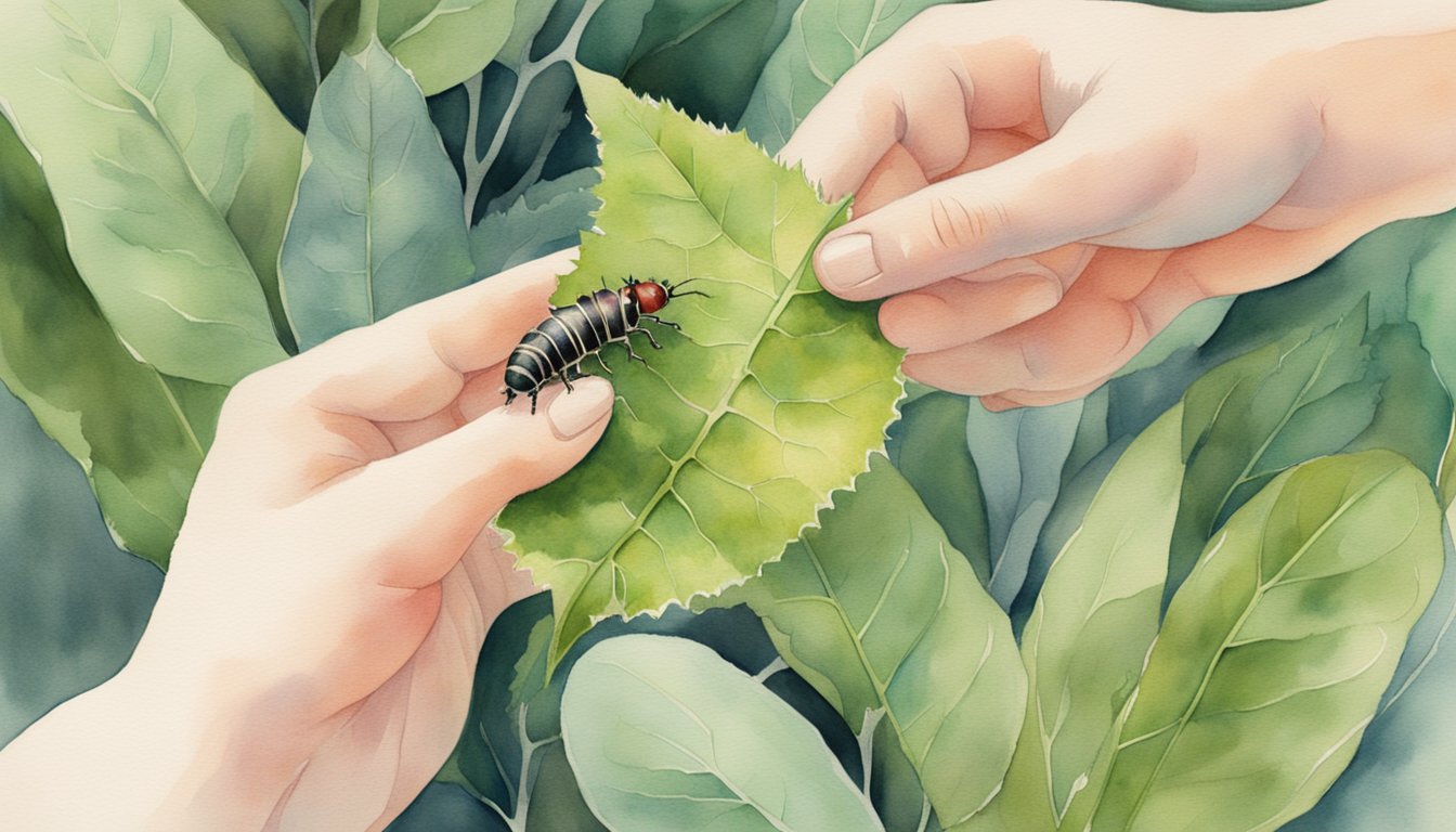 A person holds a leaf with a hairy asp caterpillar on it, while another person applies a soothing ointment to a red, swollen rash on their skin