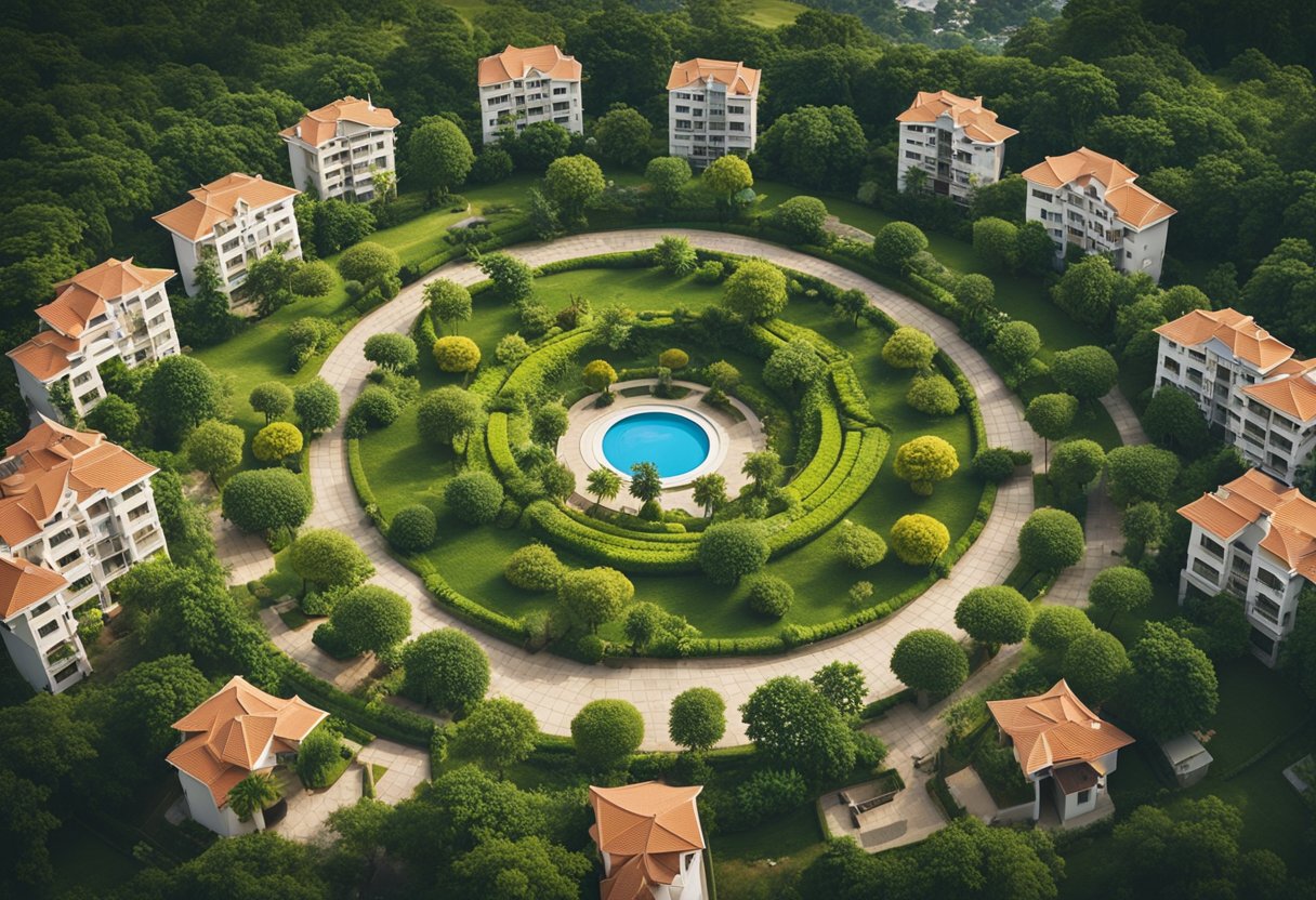 A group of houses arranged in a circular pattern, surrounded by greenery and a central community area in the pm mitra scheme