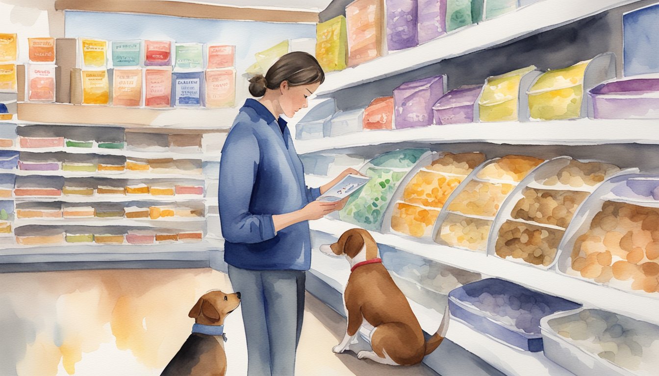 A person carefully reads dog food labels for sensitive stomachs at a pet store