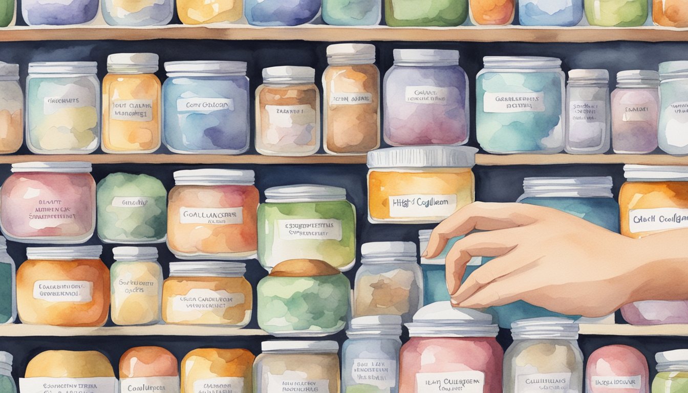 A hand reaches for a jar labeled "High-Quality Collagen Supplements" amidst a display of various health products