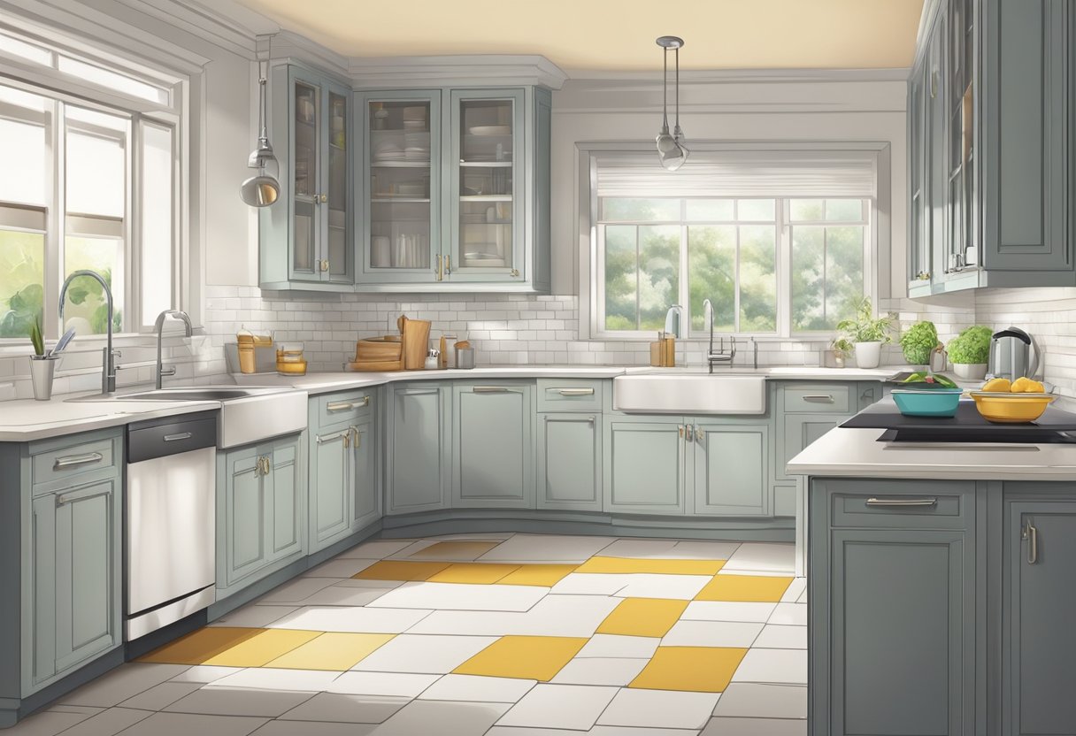 A clean kitchen with organized countertops, a sparkling sink, and neatly arranged cooking utensils. The floors are free of crumbs and spills, and the garbage has been taken out