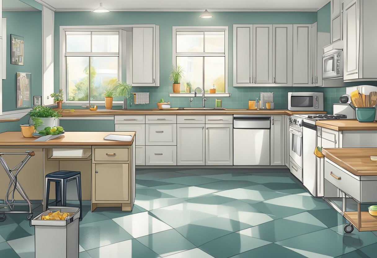 A clean kitchen with organized countertops, a sparkling sink, and wiped-down appliances. Trash and recycling bins are empty, and floors are swept and mopped