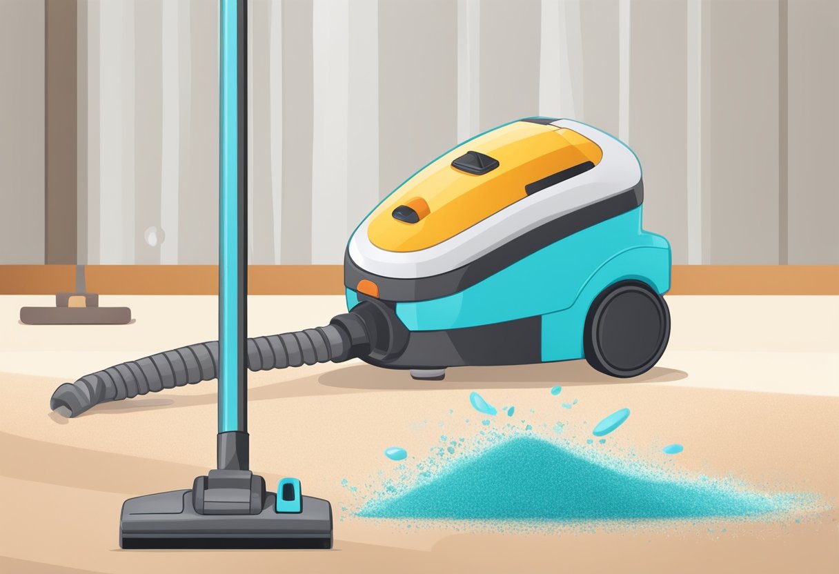 A vacuum cleaner swiftly removes dirt from a carpet, while a spray bottle and brush tackle tough stains