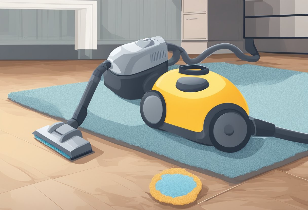 A vacuum cleaner and cleaning solution are laid out next to a dirty carpet, ready for use