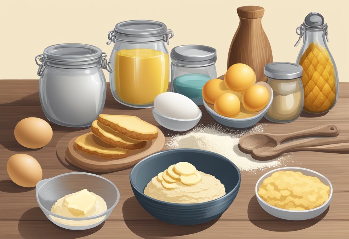 A table with ingredients such as flour, butter, eggs, sugar, and pineapple jam. A mixing bowl, rolling pin, and cookie cutter are also on the table