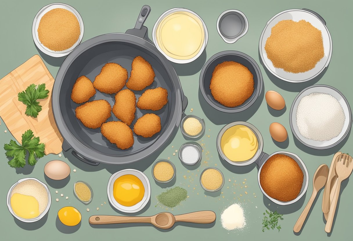 Chicken nugget ingredients and tools laid out on a clean kitchen counter. Raw chicken, breadcrumbs, eggs, and seasoning in bowls with a mixing bowl and utensils nearby