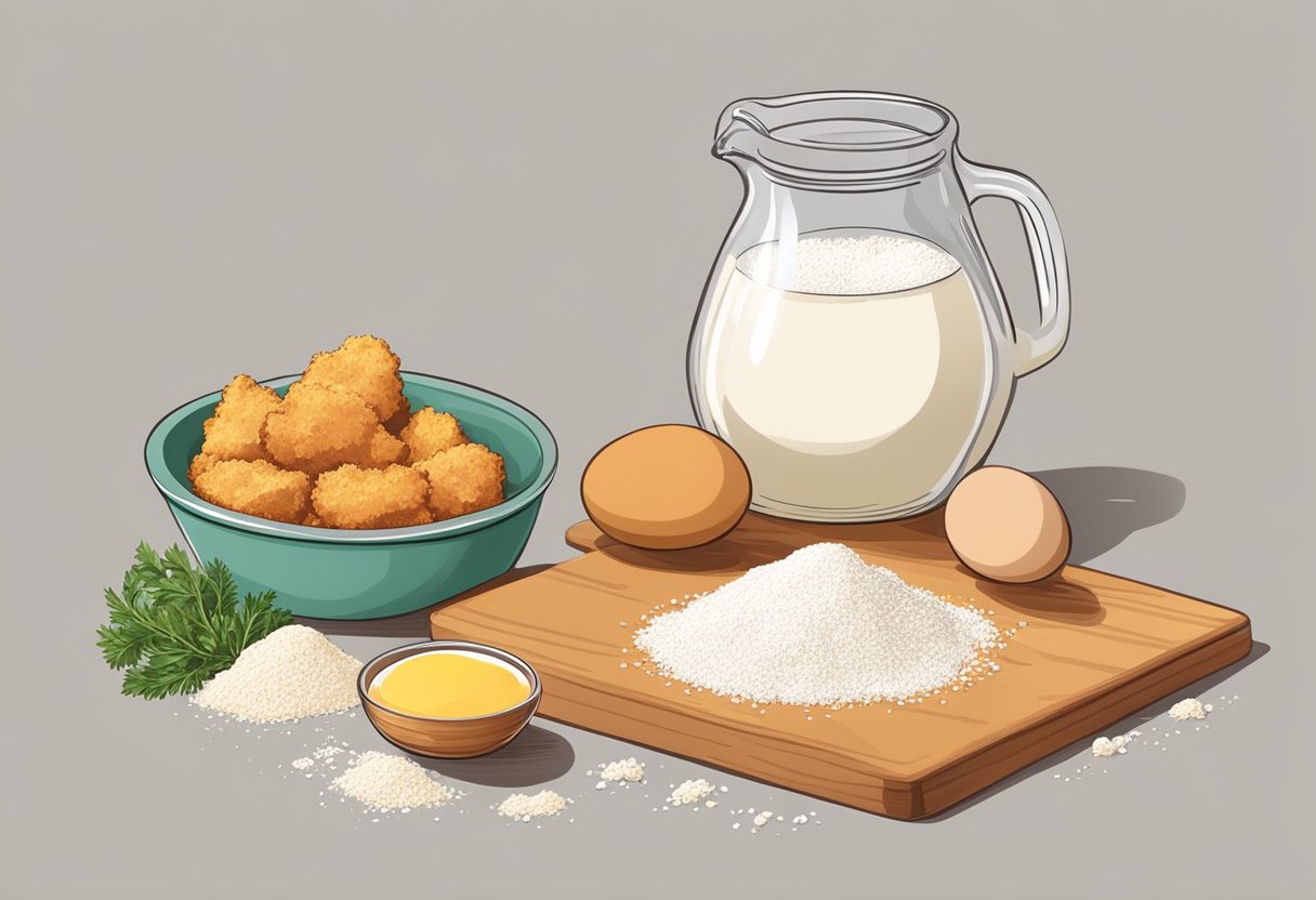 A table with ingredients: chicken, breadcrumbs, eggs, flour, and seasoning for making chicken nuggets