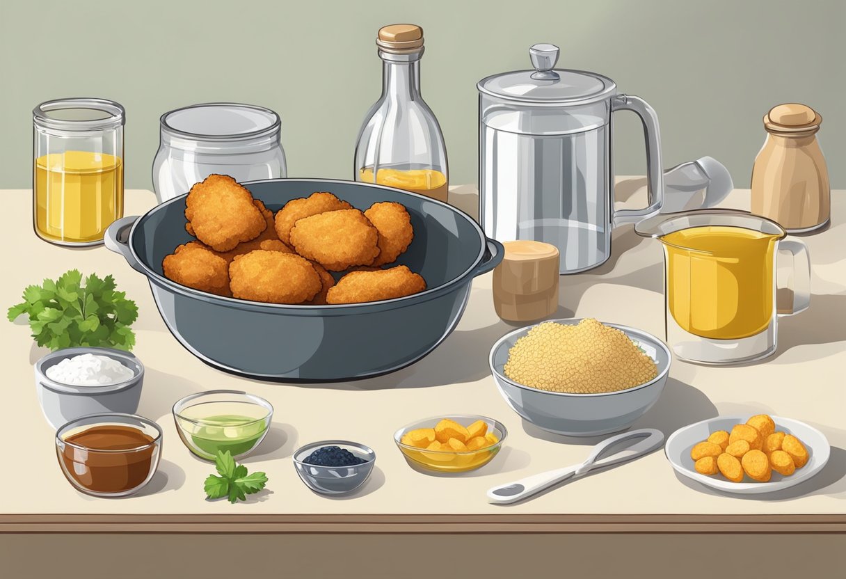 A kitchen counter with ingredients and utensils for making chicken nuggets