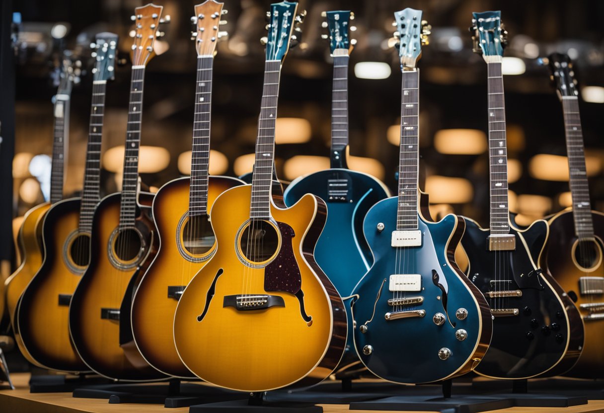 A collection of beginner-friendly guitars displayed on a stand, with various colors and shapes, ready for someone to pick up and start playing