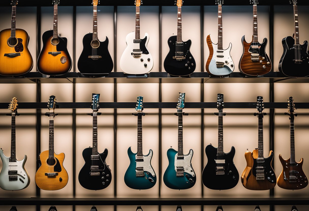 A display of top-quality beginner guitars with prominent brand logos