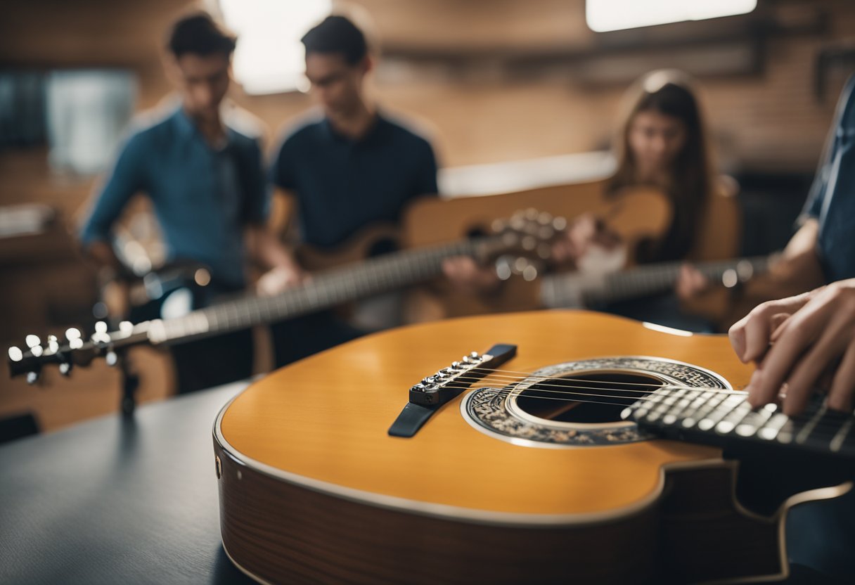 A guitar being tested, surrounded by beginner-friendly models