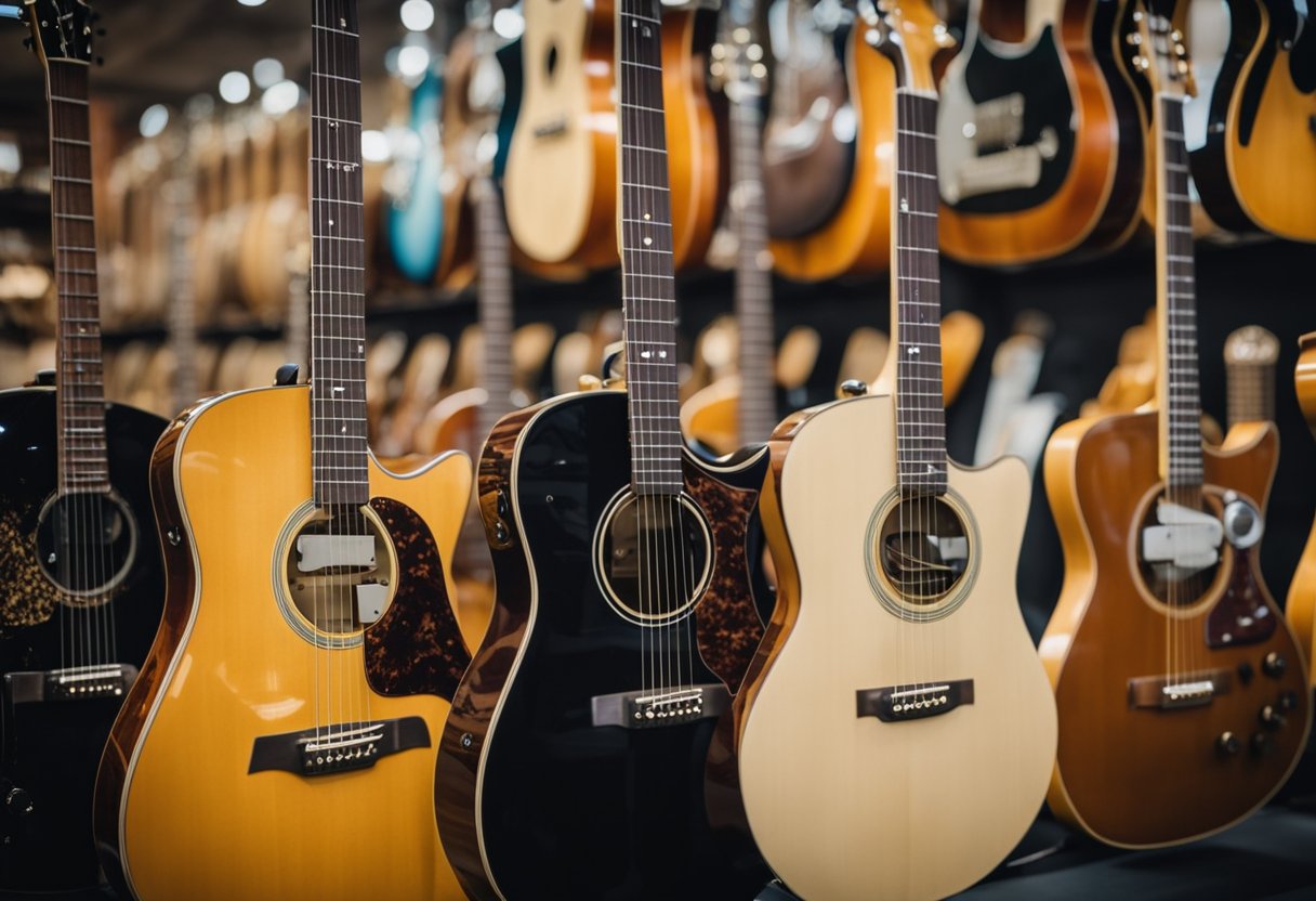 A collection of beginner-friendly guitars with various designs and features displayed on a wall or in a store setting