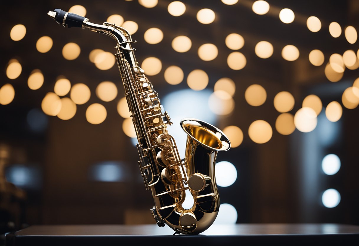A Vogga saxophone sits on a sleek stand, gleaming under the spotlight
