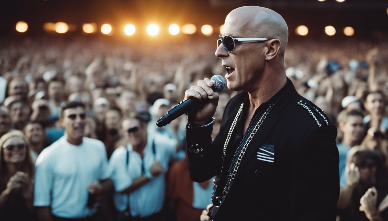 Maynard James Keenan of Tool stands confidently on stage, surrounded by a sea of roaring fans, as he delivers an electrifying performance
