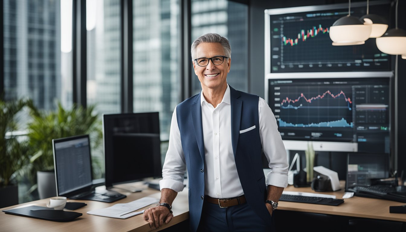Dr. Jay Net Worth stands confidently in a sleek modern office, surrounded by financial charts and graphs, exuding an aura of success and wealth