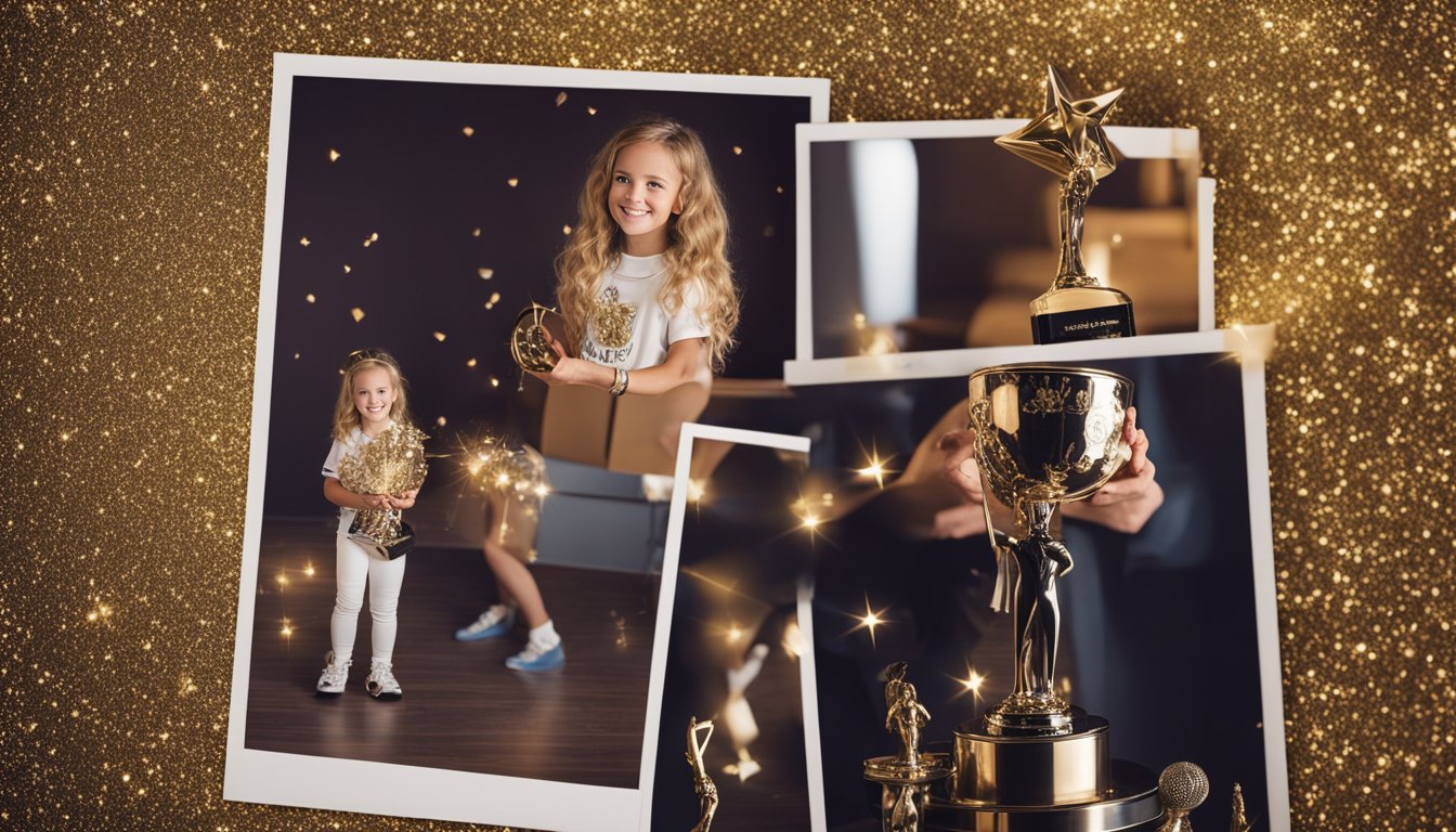 Tate McRae's early life and career depicted through childhood photos, dance trophies, and music awards, showcasing her journey to her current net worth