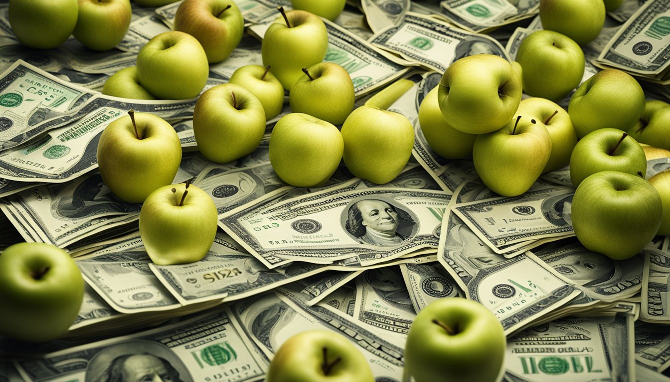 A pile of golden apples sits atop a stack of dollar bills, symbolizing Apple Watts' net worth