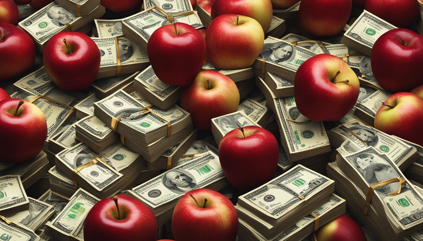 A pile of shiny red apples surrounded by stacks of cash and a golden crown, representing Apple Watts' biography and net worth