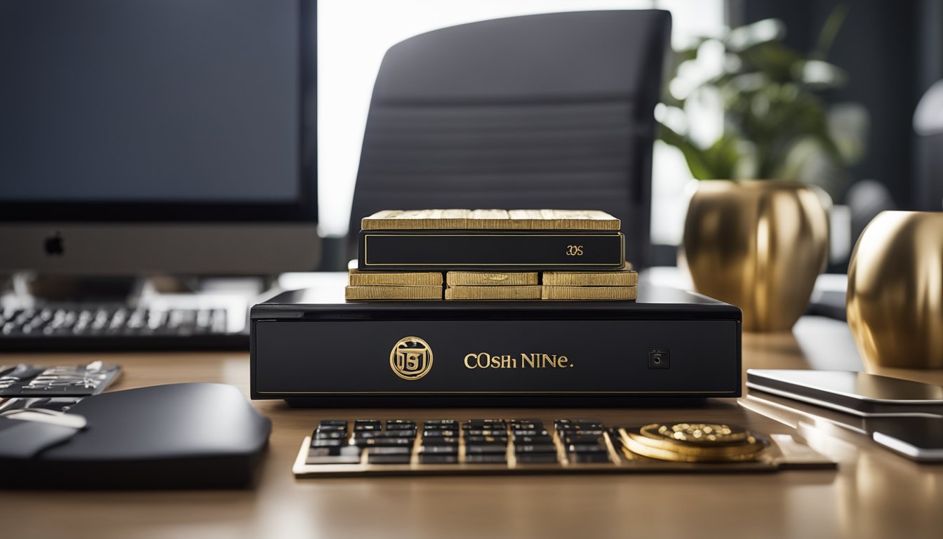 A lavish office desk with a sleek computer, stacks of cash, and a gold-plated Tech Nine logo