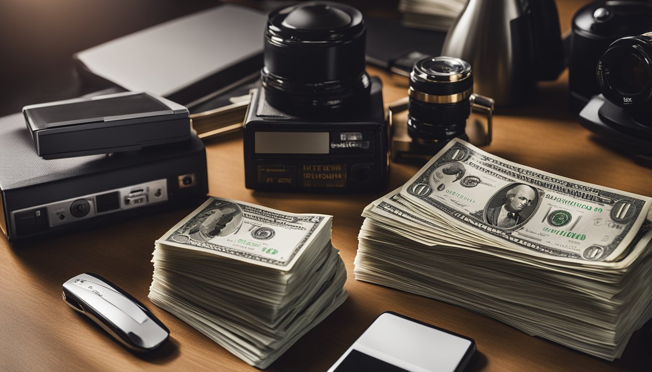 A stack of cash and financial documents lay on a sleek desk, surrounded by luxury items and a platinum plaque with "Tech N9ne" engraved on it