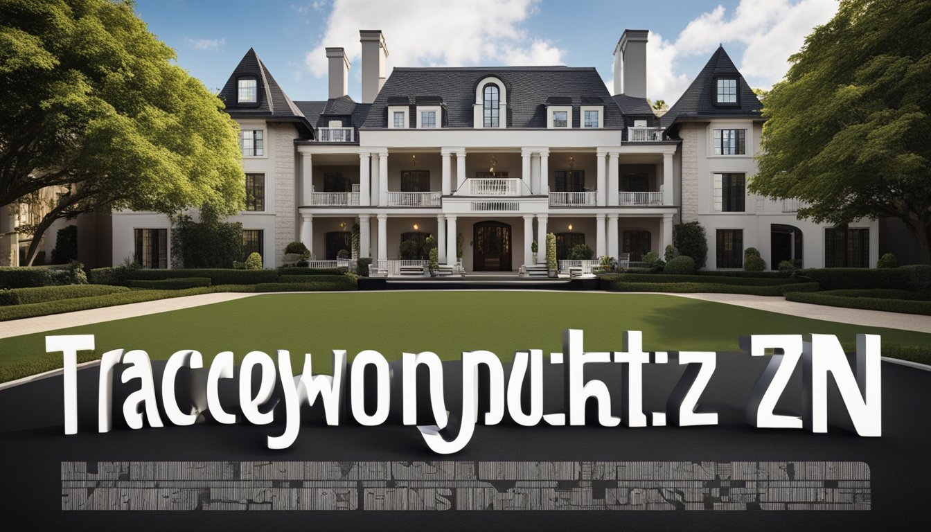 Tracey Morgan's net worth displayed in bold letters against a backdrop of a luxurious mansion and expensive cars