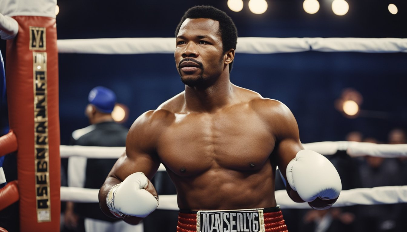 Shane Mosley's early life and career depicted through boxing ring, championship belts, and training equipment