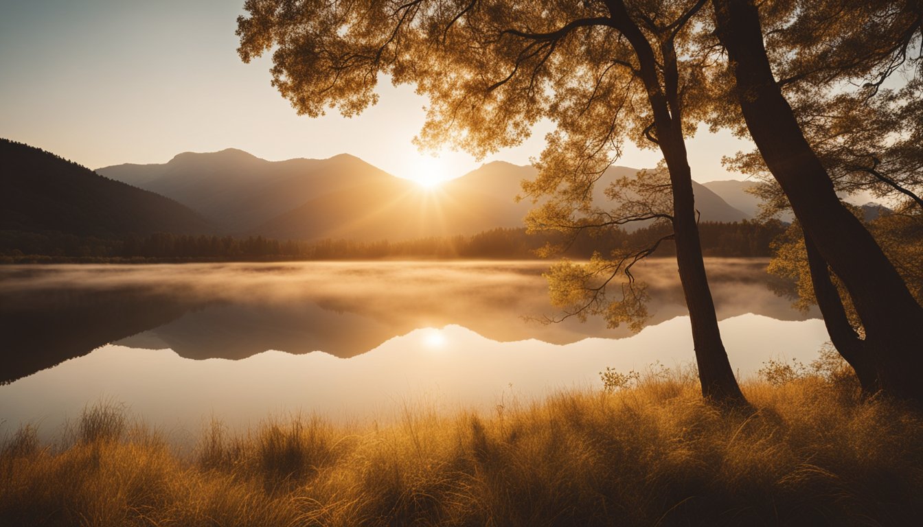 A golden sun sets behind a mountain range, casting a warm glow over a tranquil valley. The wind gently rustles the leaves of tall trees, while a river flows peacefully through the landscape