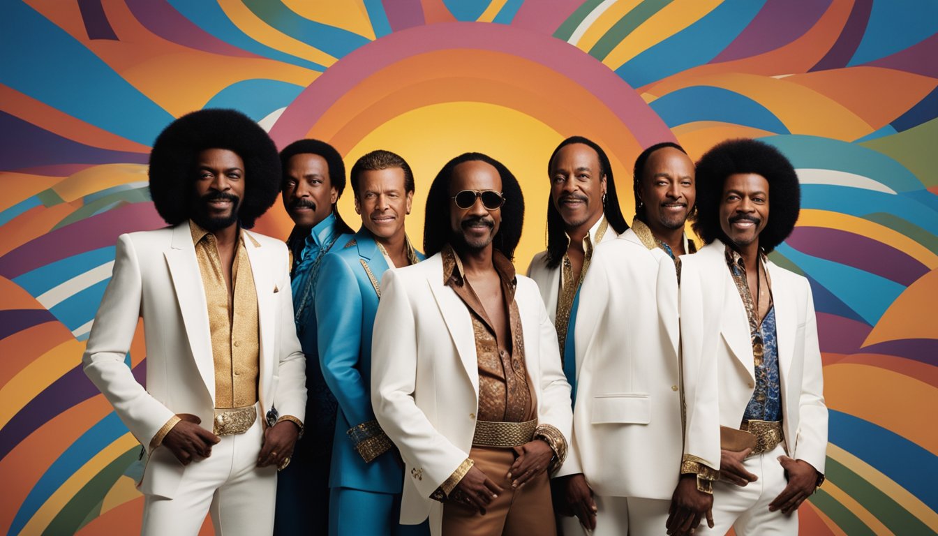 A group of musicians stands in a dynamic formation, exuding confidence and energy. The band Earth, Wind & Fire's logo is prominently displayed, symbolizing their success and wealth