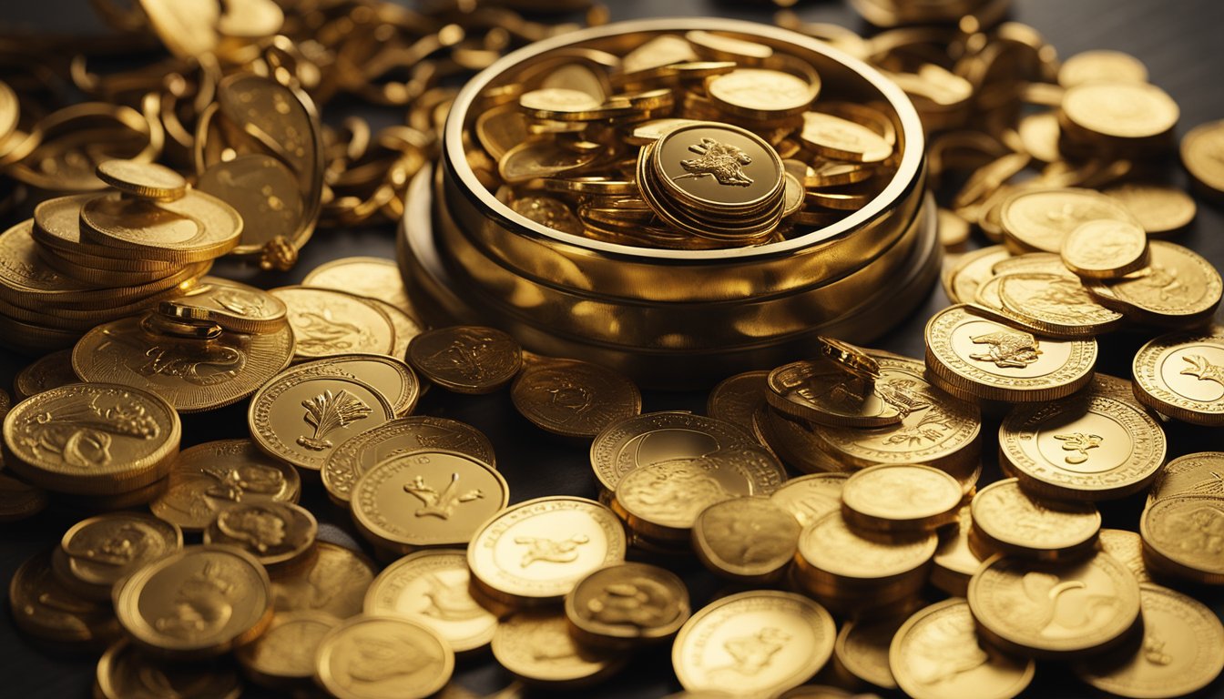 A pile of gold coins and jewels scattered around a wishbone, symbolizing wealth and success