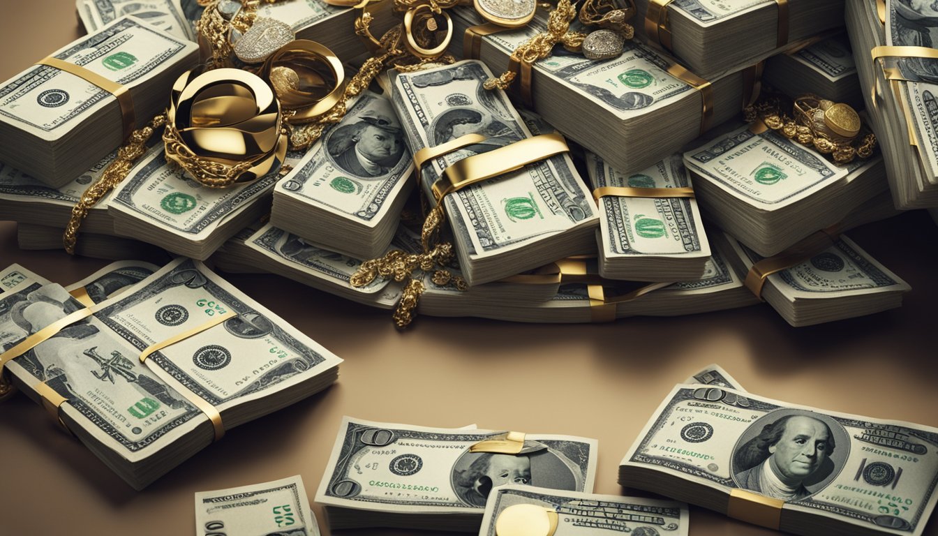 A pile of cash, jewelry, and luxury items on a table, representing Curtis Snow's net worth