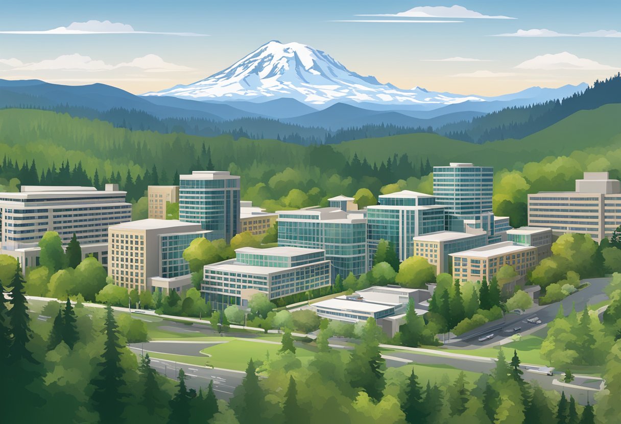 Redmond, Washington, known for its lush green landscapes, with Mt. Rainier in the distance, and the iconic Microsoft headquarters dominating the skyline