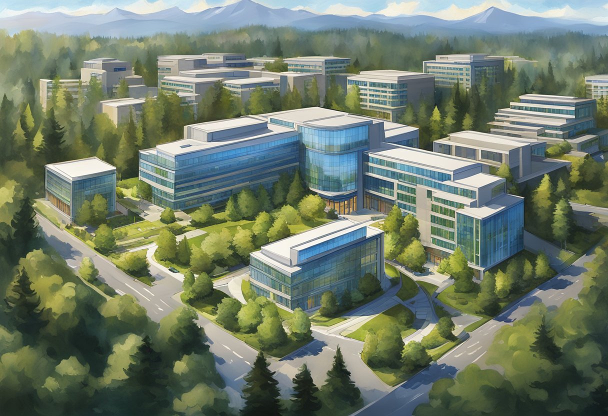 The iconic Microsoft Headquarters in Redmond, Washington, features modern architecture and lush green surroundings, symbolizing innovation and technological advancement
