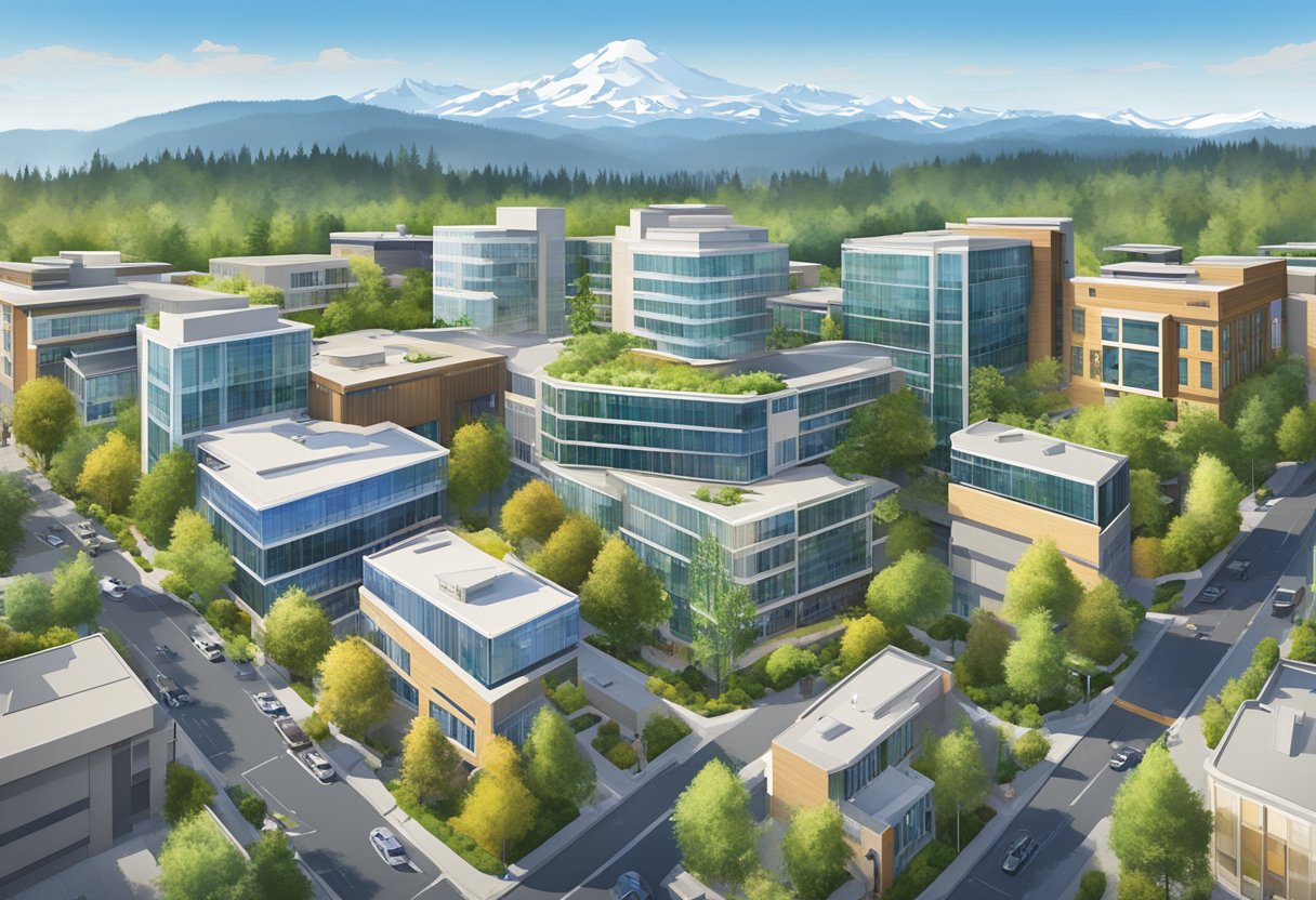Redmond, Washington's Technology Hub features modern buildings, bustling streets, and a backdrop of lush greenery and mountains
