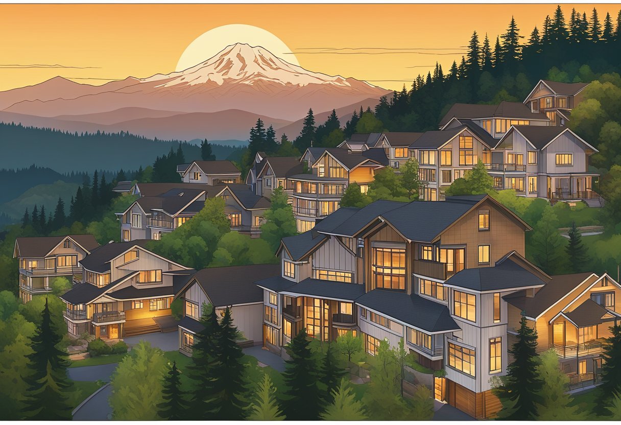 The sun sets behind the Cascade Mountains, casting a warm glow over the lush forests and sprawling neighborhoods of Issaquah, Washington. A mix of modern homes and traditional architecture dot the landscape, while Mt. Rainier looms in the distance