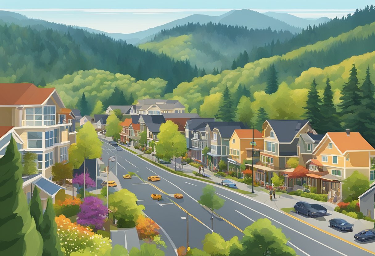 A sunny day in Issaquah, WA. Houses dot the lush hills, while a bustling market area showcases real estate forecasts