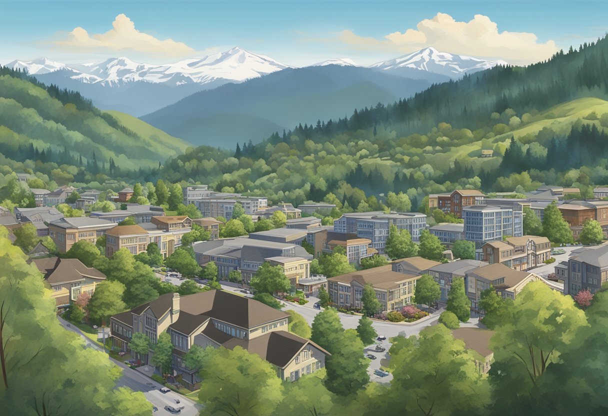 The bustling city of Issaquah, Washington is depicted with a mix of residential and commercial properties, surrounded by lush greenery and mountains in the distance